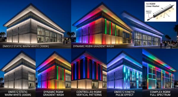 Facade with dynamic DMX512 RGBW lighting effects